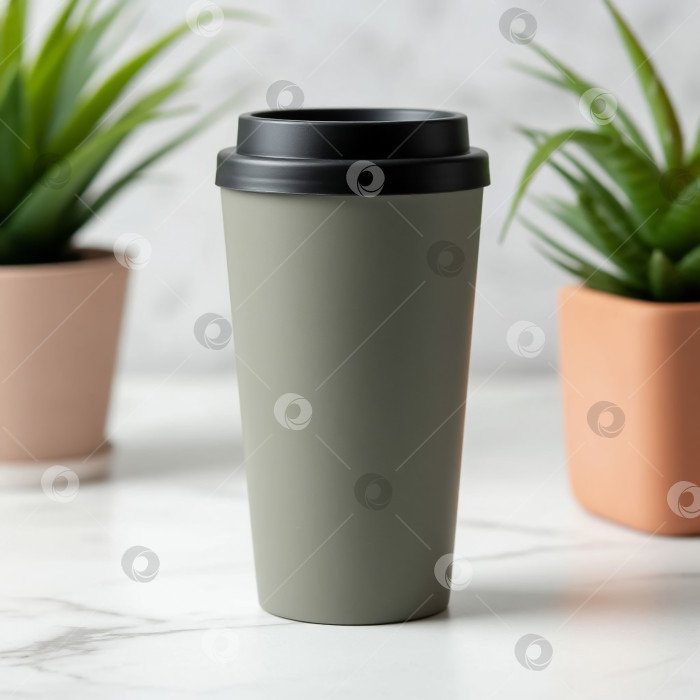 Скачать Термокружка с крышкой на белом фоне. Создан искусственный интеллект. фотосток Ozero