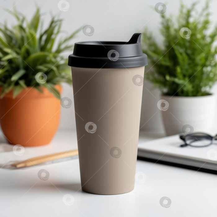 Скачать Термокружка с крышкой на белом фоне. Создан искусственный интеллект. фотосток Ozero