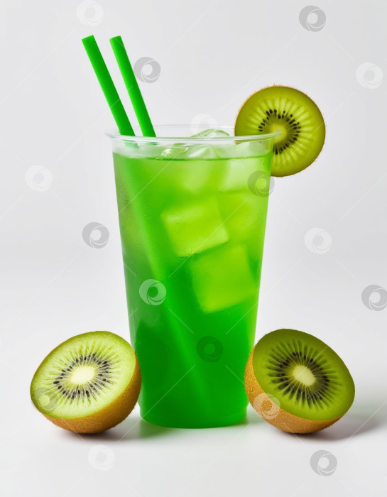 Скачать Лимонад из зеленого киви в стакане на белом фоне. Создан искусственный интеллект. фотосток Ozero