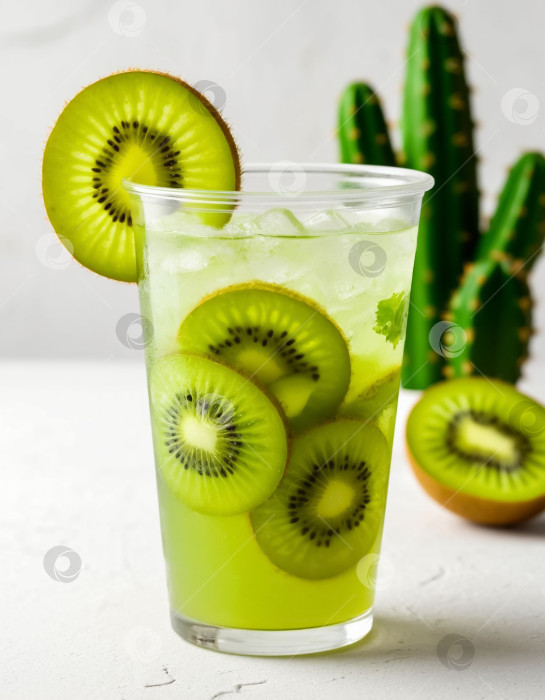 Скачать Лимонад с киви и кактусом на белом фоне. Создан искусственный интеллект. фотосток Ozero