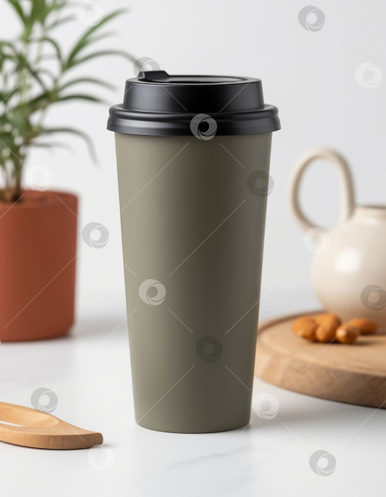 Скачать Термокружка с крышкой на белом фоне. Создан искусственный интеллект. фотосток Ozero