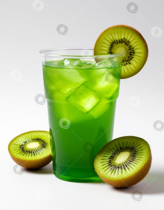 Скачать Лимонад из зеленого киви в стакане на белом фоне. Создан искусственный интеллект. фотосток Ozero