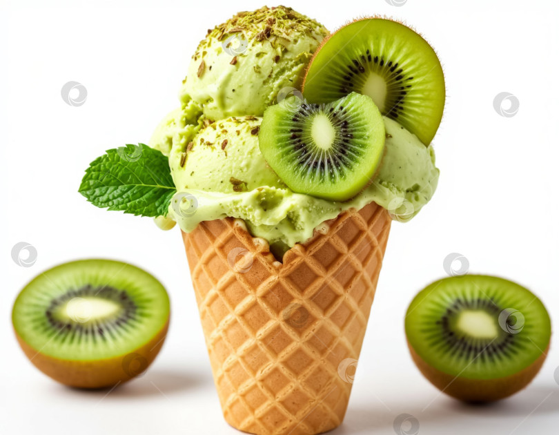 Скачать Мороженое с киви на белом фоне. Создан искусственный интеллект. фотосток Ozero