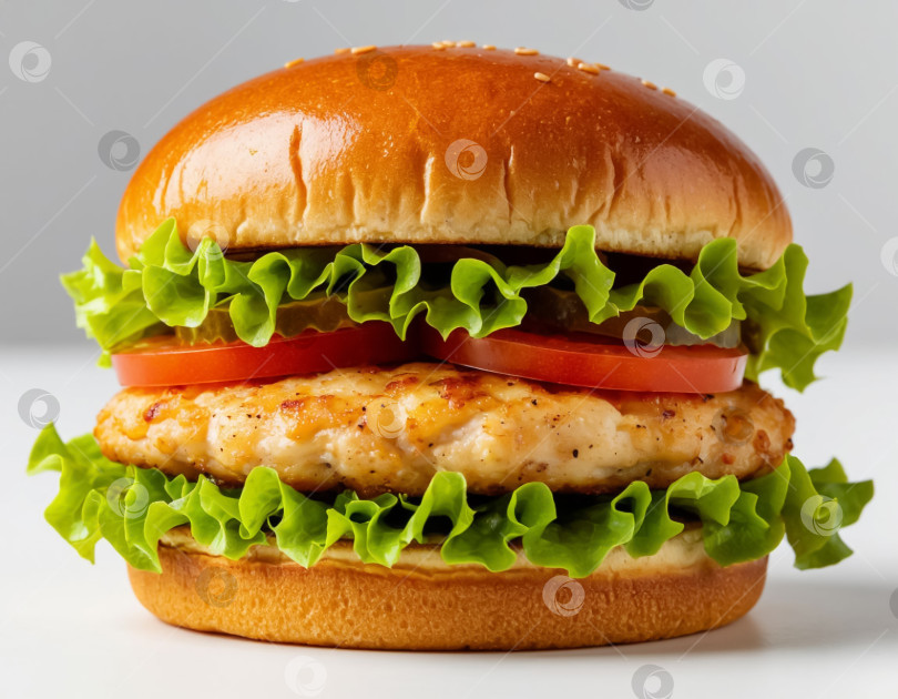 Скачать Куриный бургер на белом столе. Создан искусственный интеллект. фотосток Ozero