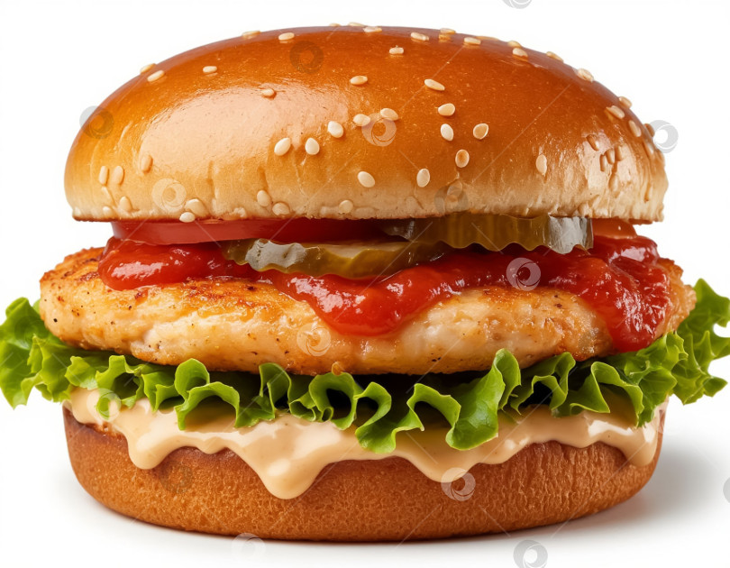 Скачать Куриный бургер на белом столе. Создан искусственный интеллект. фотосток Ozero