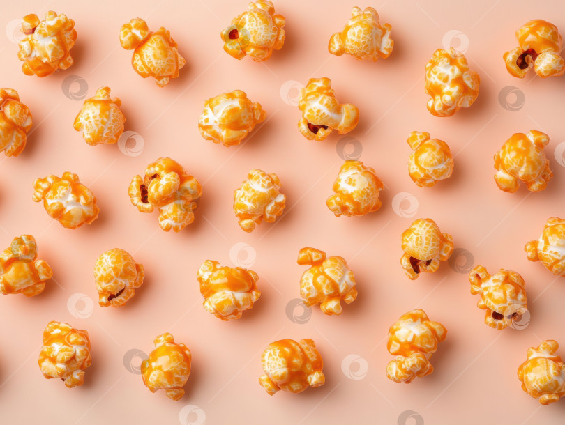 Скачать Вид сверху на карамельный попкорн на персиковом фоне для оформления закусок и других блюд фотосток Ozero