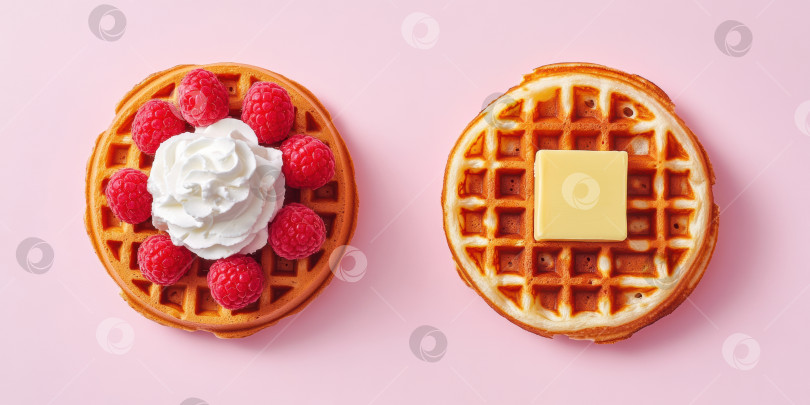 Скачать Современная кулинарная композиция с двумя круглыми бельгийскими вафлями с начинкой для изысканного завтрака фотосток Ozero