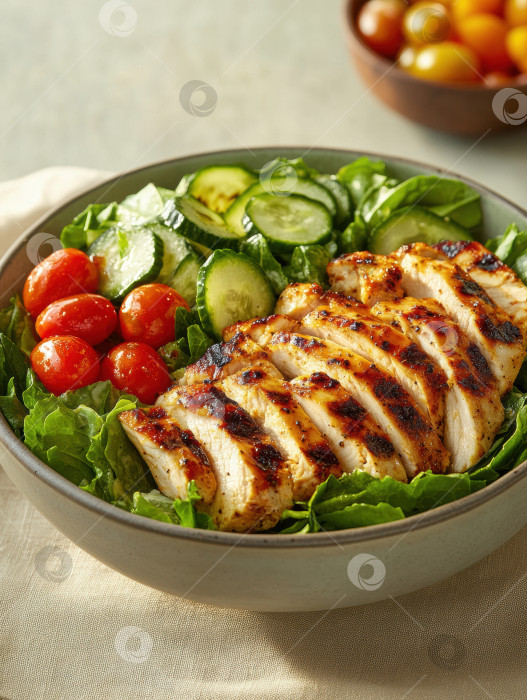 Скачать Свежий семейный салатник с курицей-гриль и помидорами черри - полезное блюдо фотосток Ozero