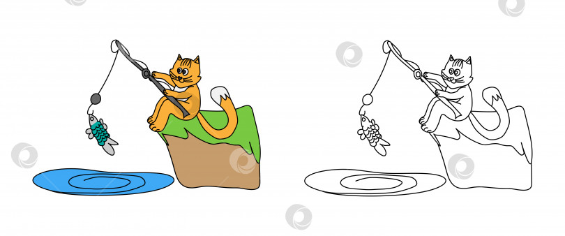 Скачать книжка-раскраска - рыжий каракулевый кот ловит рыбу фотосток Ozero