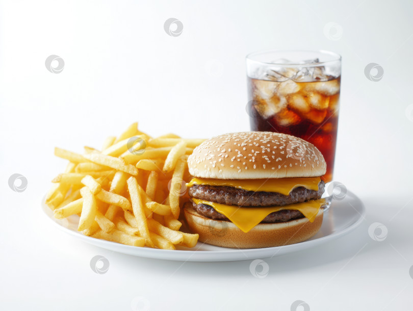 Скачать Минималистичная сцена быстрого питания с бургерами, картофелем фри и колой для оформления ресторана фотосток Ozero