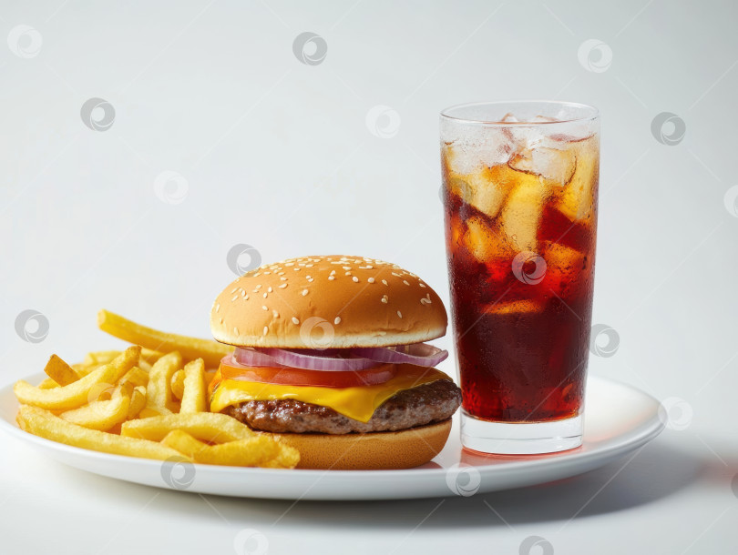 Скачать Минималистичное блюдо быстрого приготовления. Чизбургер, картофель фри и напиток со льдом на белом фоне фотосток Ozero