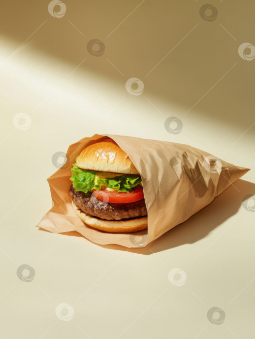 Скачать Вкусный наполовину развернутый бургер в специальной печатной бумаге для презентации гурманам фотосток Ozero