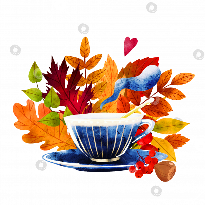 Скачать Чашка чая с осенними листьями, ягодами и орехами. фотосток Ozero