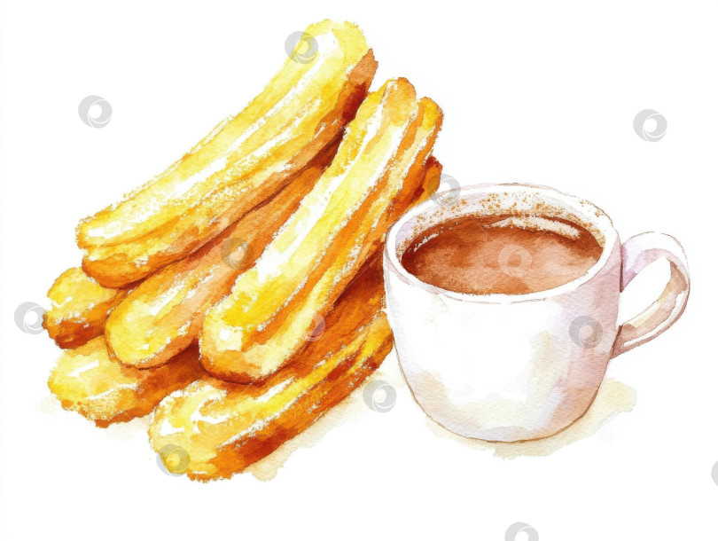 Скачать Акварельная иллюстрация хрустящих золотистых чуррос с кофе для любителей десертов фотосток Ozero
