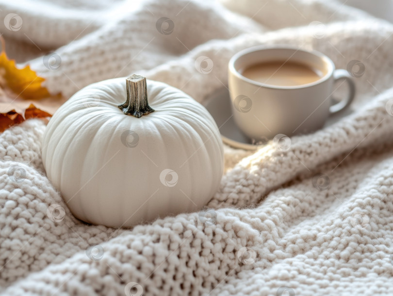 Скачать Уютная осенняя сценка с белой тыквой на вязаном одеяле и кофе фотосток Ozero