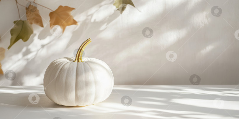 Скачать Ультрареалистичная современная композиция из белой тыквы с тенями осенних листьев для минималистичного декора фотосток Ozero