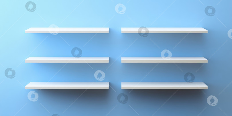 Скачать Минималистичные белые полки на синей стене. Вдохновение для современного дизайна интерьера фотосток Ozero