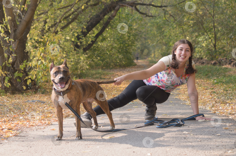 Скачать симпатичная девушка со своей собакой на улице в Ульяновске фотосток Ozero