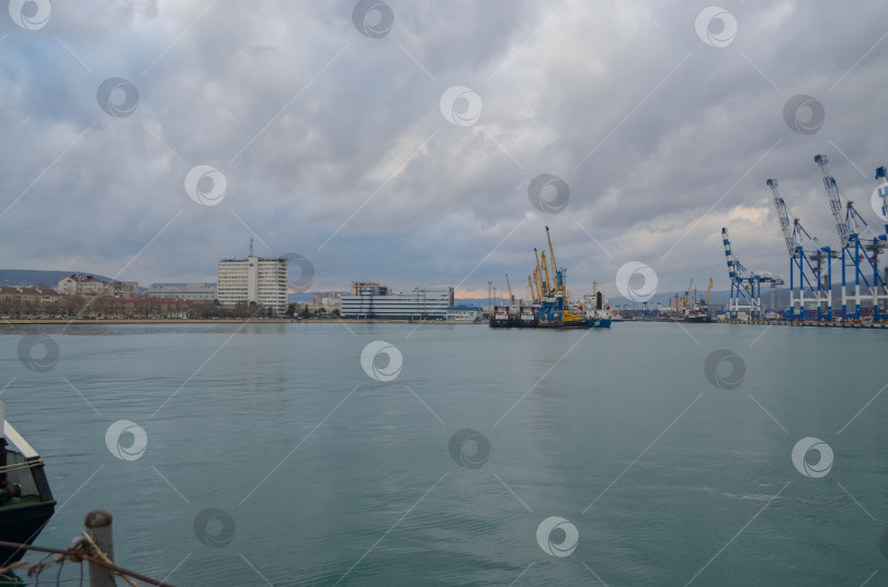 Скачать Россия, Краснодарский край, Новороссийск. Январь 2025 года. Морской порт Новороссийск. ​Вид на погрузочные краны. фотосток Ozero
