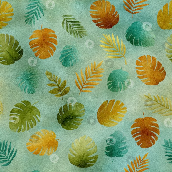 Скачать Бесшовный узор с яркими тропическими листьями различных оттенков зеленого, желтого и оранжевого на нежно-голубом фоне идеально подходит для оформления тканей и обоев. фотосток Ozero