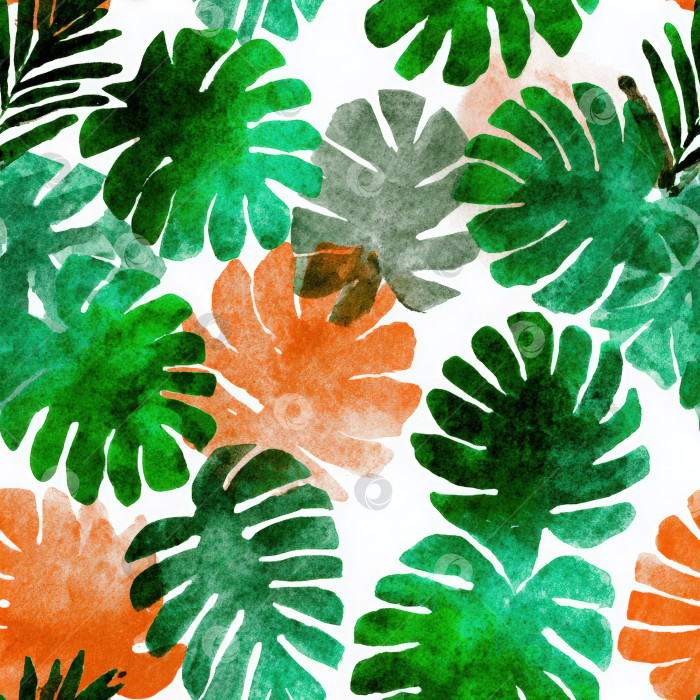 Скачать Бесшовный узор с яркими зелеными и оранжевыми тропическими листьями на белом фоне создает живую и свежую атмосферу для дизайнерских проектов. фотосток Ozero