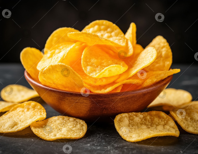 Скачать Картофельные чипсы на черном фоне. Создано искусственным интеллектом. фотосток Ozero
