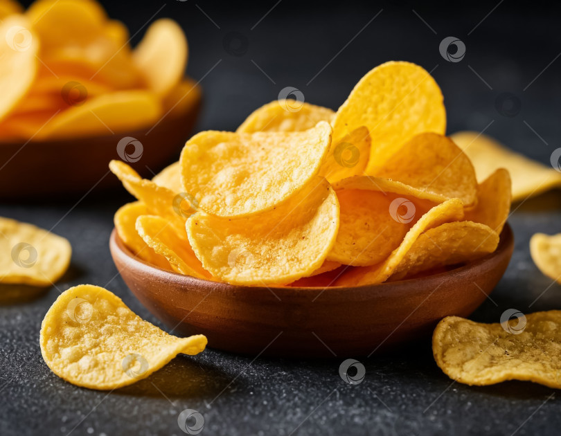 Скачать Картофельные чипсы на черном фоне. Создано искусственным интеллектом. фотосток Ozero