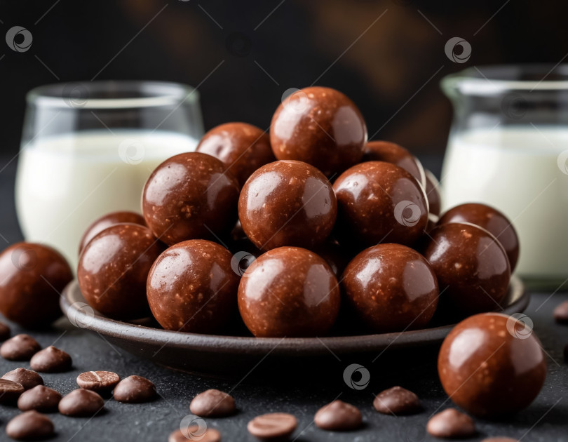 Скачать Шоколадные шарики и молоко на столе. Создано искусственным интеллектом. фотосток Ozero