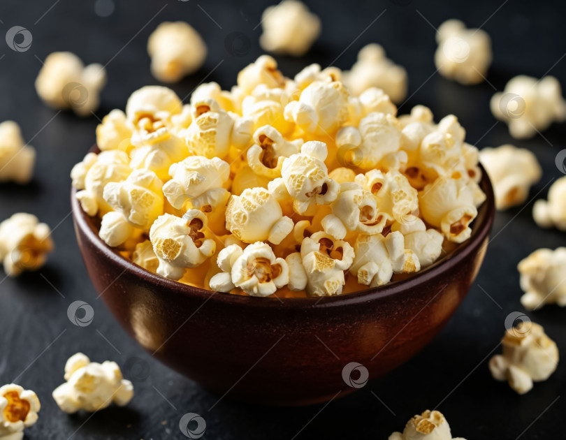 Скачать Попкорн на темном столе. Генерируется искусственным интеллектом. фотосток Ozero