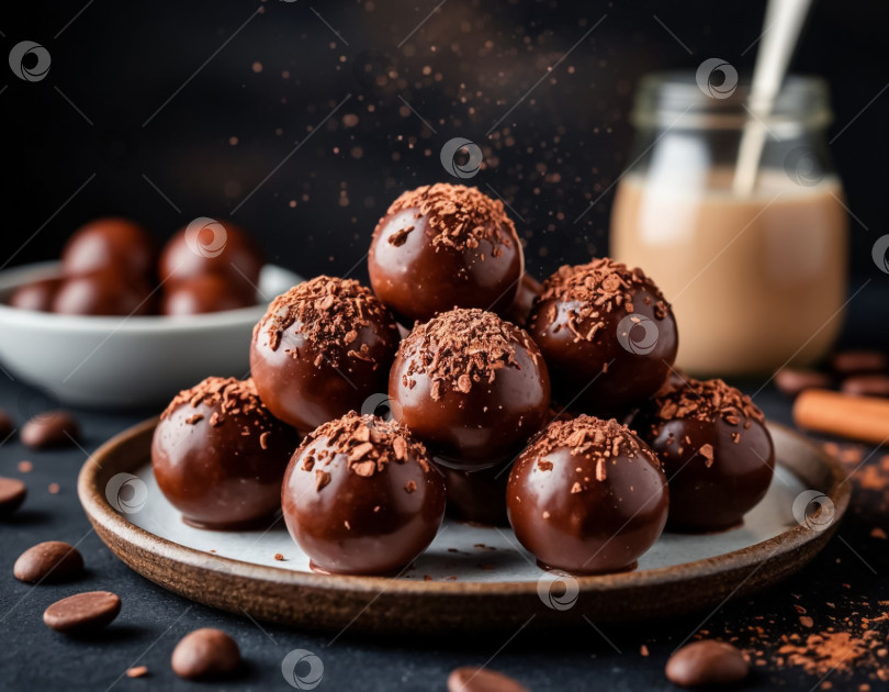 Скачать Шоколадные шарики и молоко на столе. Создано искусственным интеллектом. фотосток Ozero