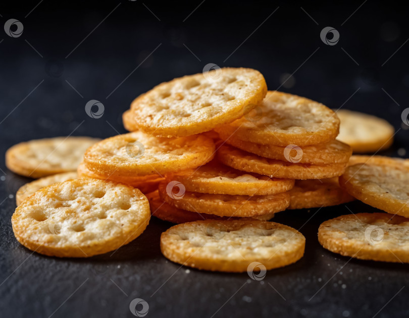Скачать Хрустящее печенье-крекеры на темном фоне. Создан искусственный интеллект. фотосток Ozero
