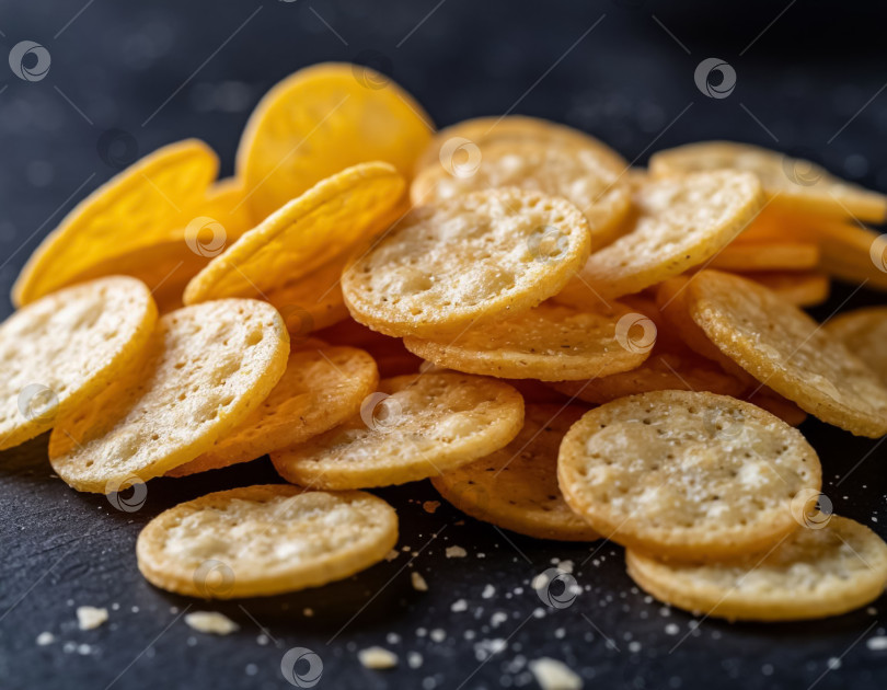 Скачать Хрустящее печенье-крекеры на темном фоне. Создан искусственный интеллект. фотосток Ozero