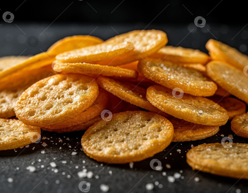 Скачать Хрустящее печенье-крекеры на темном фоне. Создан искусственный интеллект. фотосток Ozero