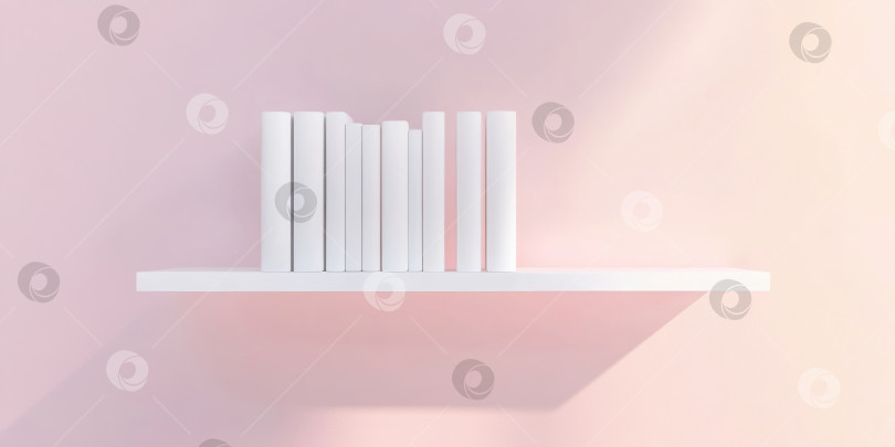 Скачать Минималистичная белая полка с книгами на пастельно-розовом фоне для современного дизайна интерьера фотосток Ozero