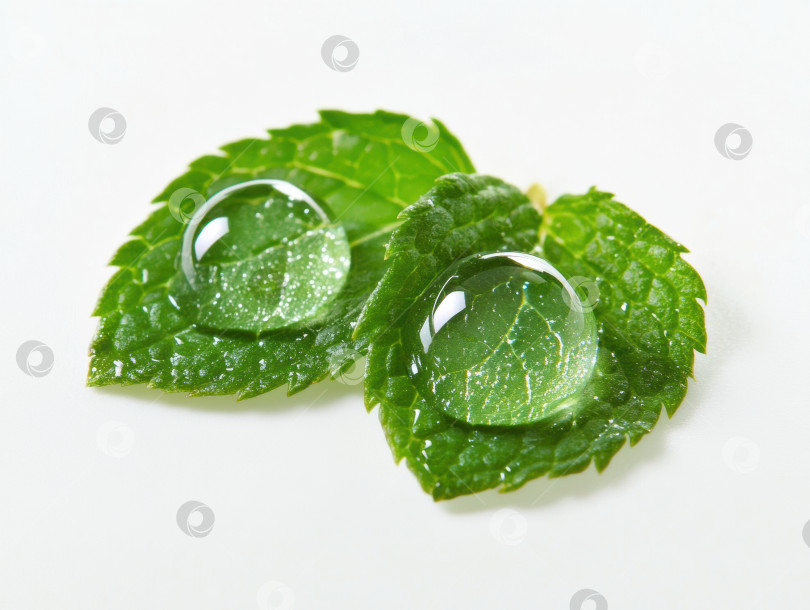 Скачать Макросъемка крупных капель росы, падающих на свежие зеленые листья фотосток Ozero