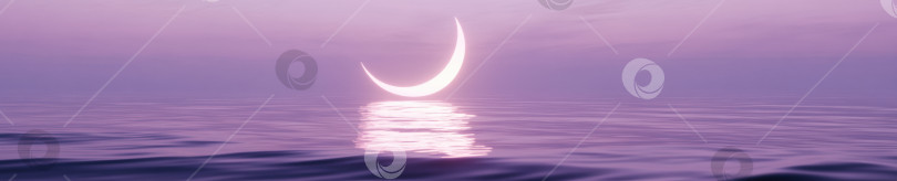 Скачать Безмятежная ночная сцена со светящимся неоновым полумесяцем, отражающимся в спокойных океанских водах фотосток Ozero