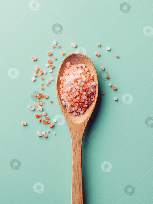 Скачать Современная деревянная ложка в минималистском стиле с гималайской розовой солью на пастельном фоне для кулинарного дизайна фотосток Ozero