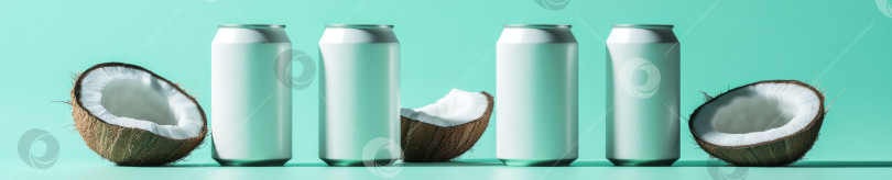 Скачать Три белые банки для напитков с кокосовыми орехами на бирюзовом фоне - освежающая летняя концепция фотосток Ozero