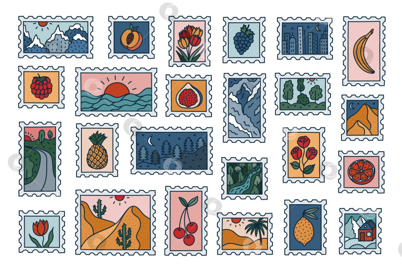 Скачать Большой набор цветных почтовых марок с живописными пейзажами путешествий, тропическими фруктами, цветами. Красочная коллекция нарисованных от руки почтовых наклеек с морскими пейзажами, пустыней, горами, джунглями, подъездной дорожкой. фотосток Ozero