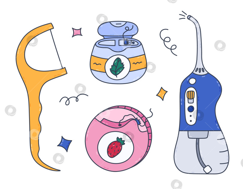 Скачать Прекрасный разноцветный набор из зубной нити и ирригатора doodle для ухода за деснами и межзубной гигиеной. Модные зубные нити разных типов с ручной росписью в контейнере, держателе и электронном водяном флоссере. фотосток Ozero