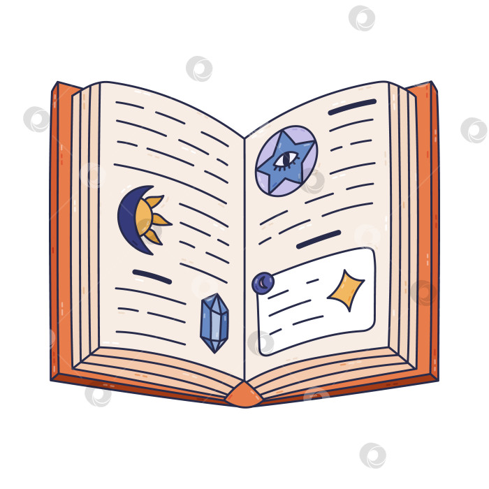 Скачать Прекрасная открытая книга волшебных заклинаний с загадочным текстом на страницах и эзотерическими символами в виде кристаллов, солнца с полумесяцем и звезды в круге. Старинный магический манускрипт, нарисованный от руки, изолирован на белом фотосток Ozero