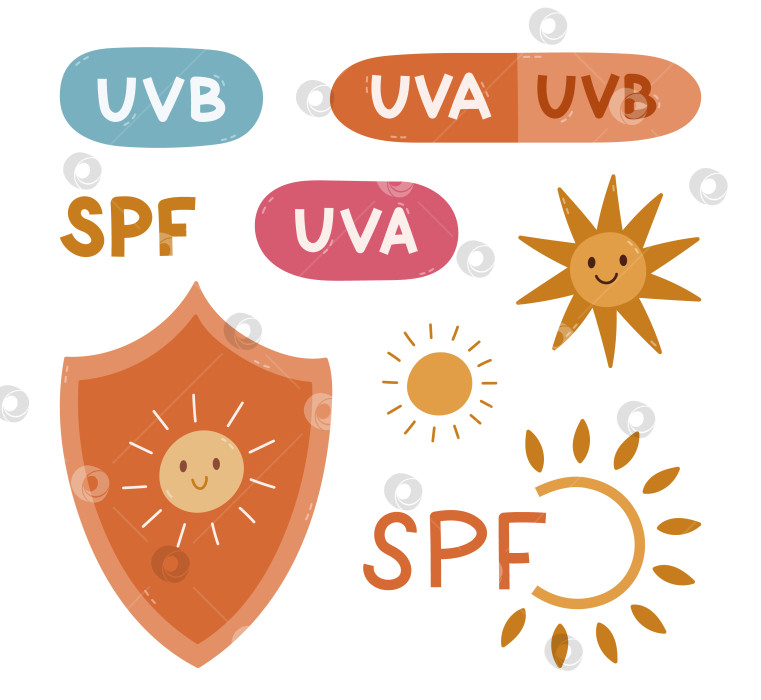 Скачать Милый мультяшный набор с символами защиты SPF. Детский рисованный клипарт с изображением щита от солнца, пузырьков с обозначениями UVA и UVB для крема от загара, солнцезащитного средства, выделенного на заднем плане. фотосток Ozero