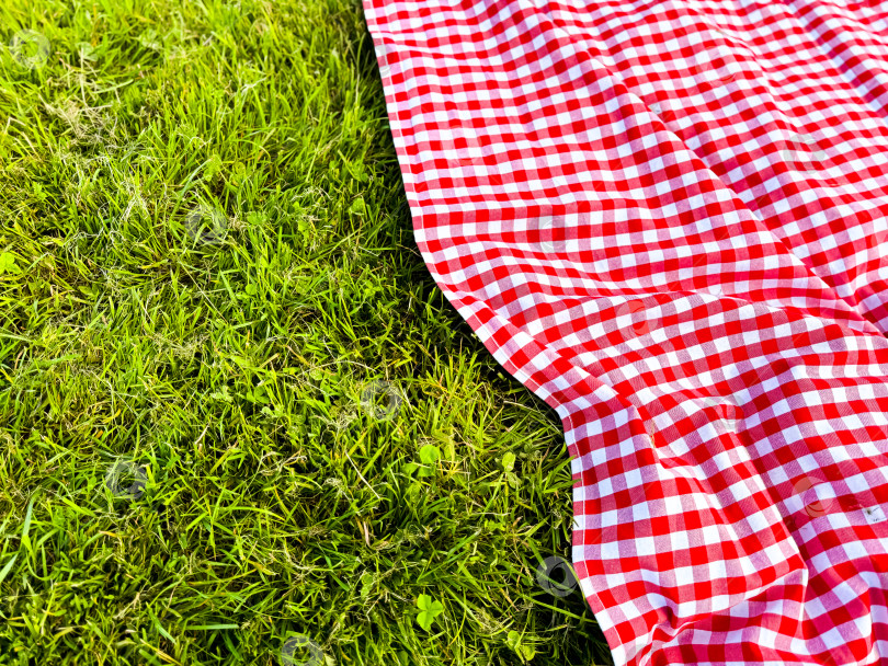 Скачать Клетчатое одеяло для пикника на зеленой траве на открытом воздухе фотосток Ozero