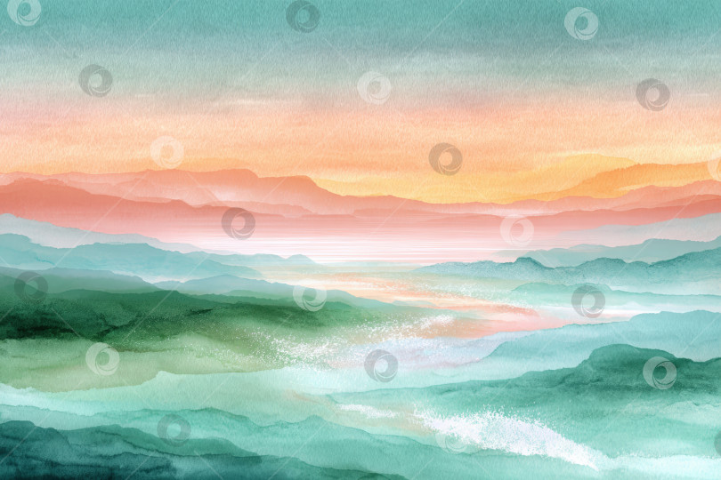 Скачать Акварельная пейзажная иллюстрация, изображающая безмятежные горы и долины, с мягкими пастельными тонами, гармонично сочетающимися друг с другом, создавая спокойную и мечтательную атмосферу для художественного вдохновения фотосток Ozero