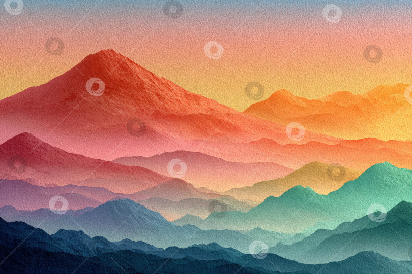 Скачать Красочная акварельная иллюстрация, изображающая слоистые горы на закате, демонстрирующая яркие оттенки оранжевого, розового и голубого, создающая безмятежную атмосферу пейзажа. фотосток Ozero