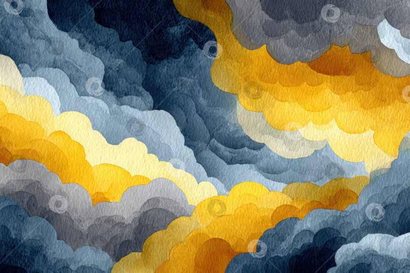 Скачать Акварельная иллюстрация клубящихся облаков в оттенках серого, желтого и синего, создающая драматическую и яркую атмосферу неба с глубиной и текстурой. фотосток Ozero