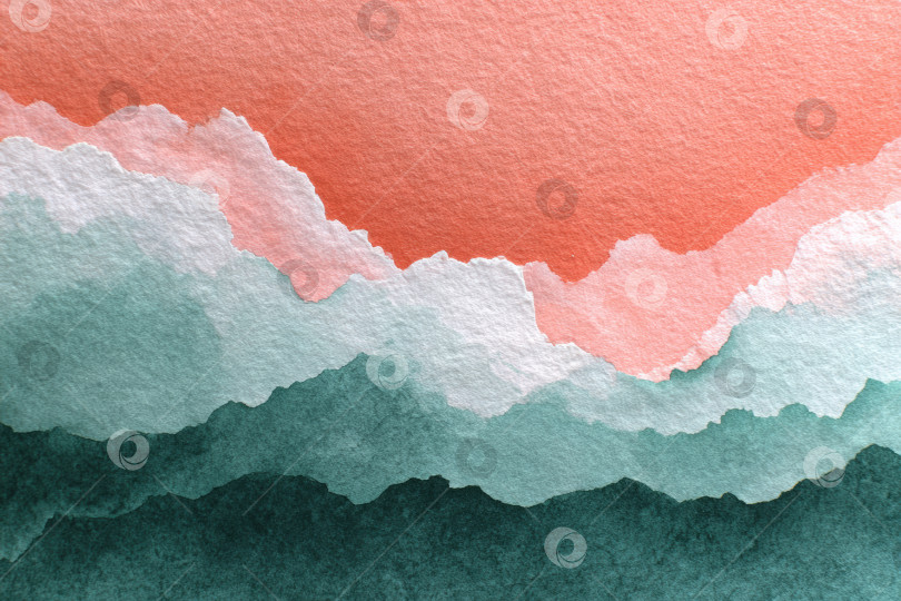 Скачать Абстрактная акварельная иллюстрация, изображающая многослойные горы в мягких пастельных тонах, сочетающая оттенки зеленого, розового и белого, создает безмятежный и успокаивающий визуальный эффект для художественных проектов. фотосток Ozero
