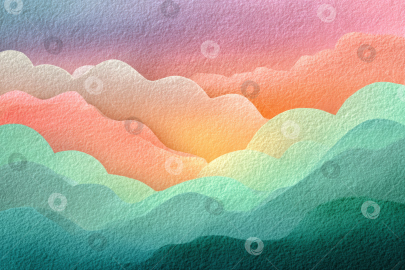 Скачать Акварельная иллюстрация мягких, многослойных гор в пастельных тонах, с плавными градиентами и безмятежной атмосферой, навевающая спокойствие и природную красоту в мечтательном пейзаже. фотосток Ozero