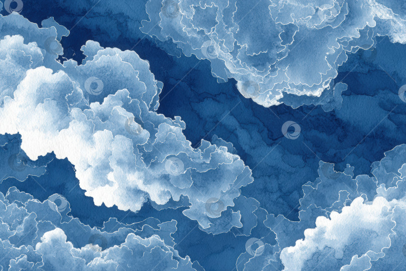 Скачать Акварельная иллюстрация пушистых облаков различных оттенков синего, создающая безмятежную и успокаивающую атмосферу, идеально подходит для создания фона или дизайн-проектов на природную тематику. фотосток Ozero