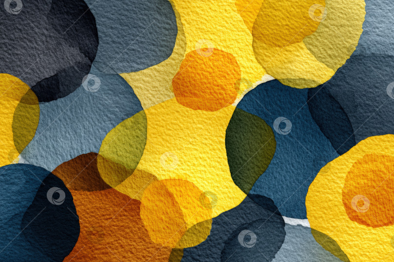Скачать Абстрактная акварельная иллюстрация с изображением ярких кругов в оттенках желтого, синего и оранжевого цветов создает динамичную композицию с игривым и художественным оттенком фотосток Ozero
